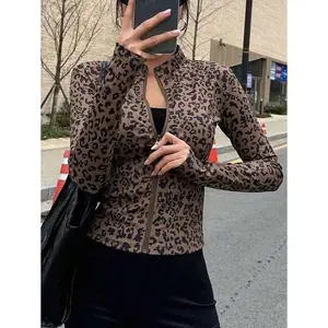 Women Fashionable Slim Fit Stand Collar Leopard Print Jacket With Zipper Brown Longsleeves
