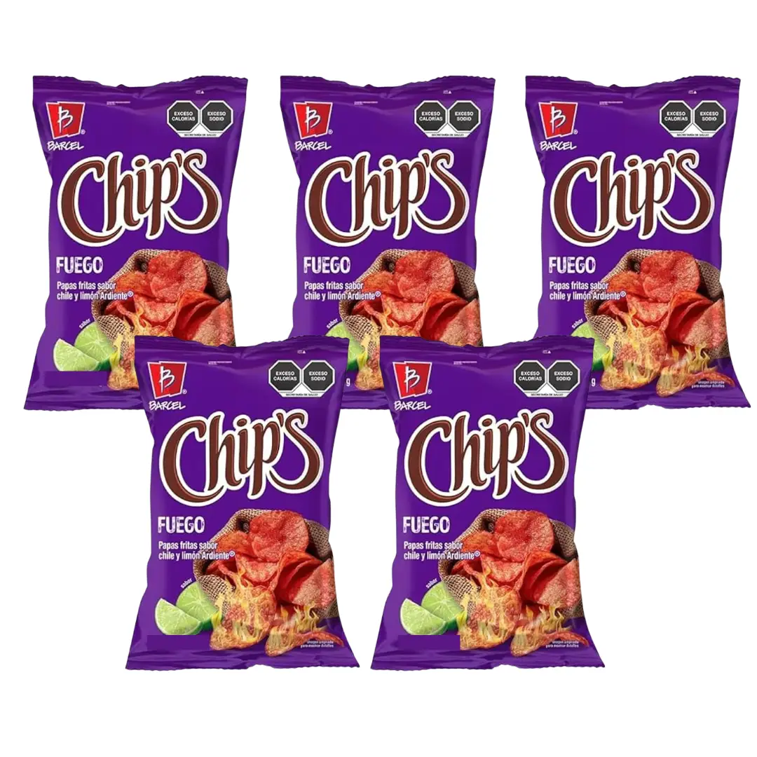 Chips Fuego Barcel - 5 bags (2oz /46g Each) Bundle - Tortilla de Maiz Chip - Spicy Chili Blend Coated, Crunchy Delicious