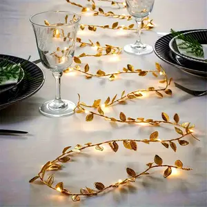 50 LED Golden Artificial Leaf String Lights Fairy Garland - 5m/16ft Battery-Powered Warm Yellow Plastic Leaves, Remote Control & Switch for Christmas, Thanksgiving, Weddings, Home, Garden, Party Decor (3AA Batteries Not Included)