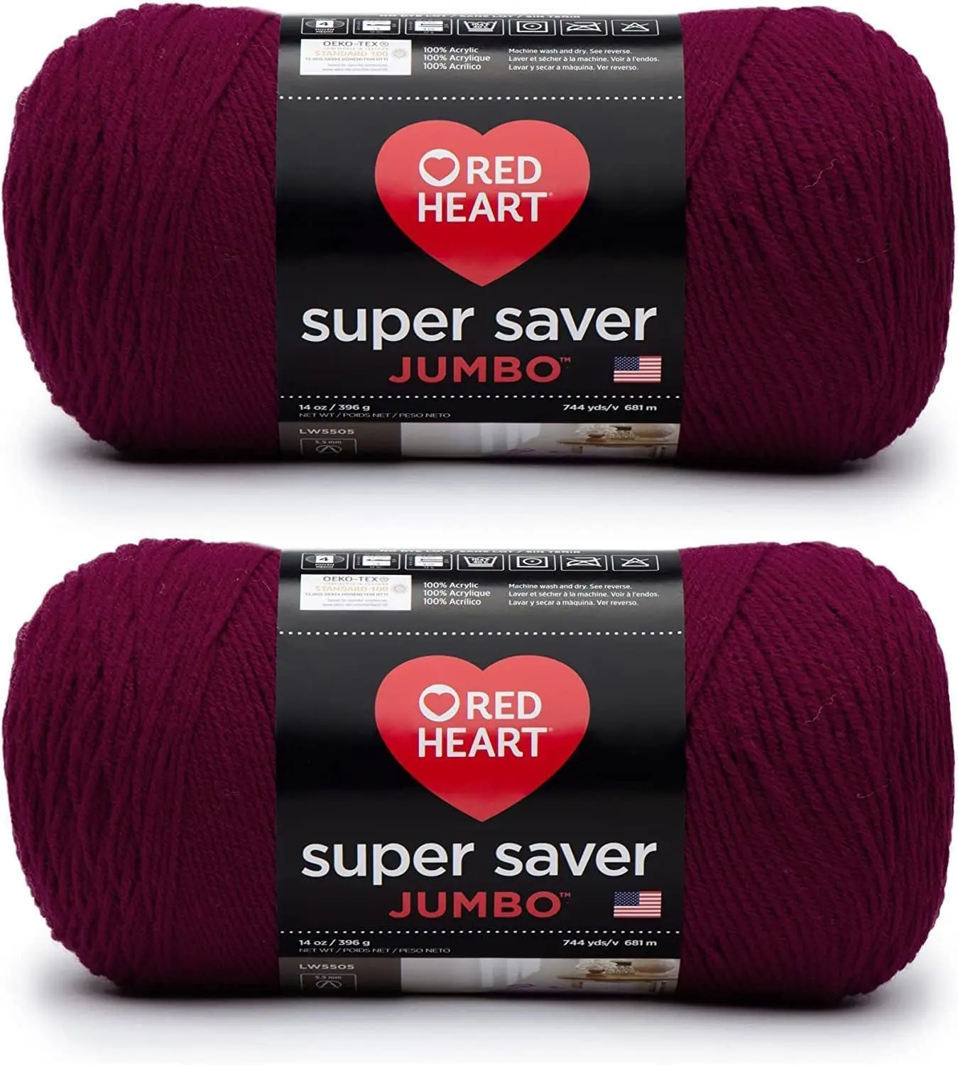 Red Heart Super Saver Jumbo Burgundy Yarn - 2 Pack of 396g/14oz - Acrylic - 4 Medium (Worsted) - 744 Yards - Knitting/Crochet