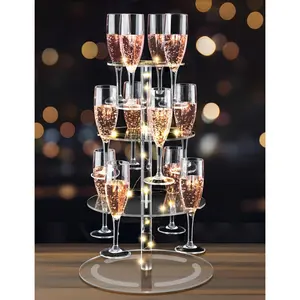 Clear Acrylic 3-Tier Champagne Tower with String Light, 12-Glass Cocktail Tree Stand Wine Rack, Drink Tower for Weddings Parties Bars, Suitable for Champagne Cocktails Martini Margarita Cups