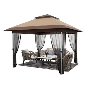 12x12 FT Gazebos Canopy Tent with Mosquito Netting, Pop Up Instant Screen Tent with 4 Sandbags & Wheeled Bag, Easy Setup Home Outdoor Shade Shelter for Patio, Backyard, Garden and Camping