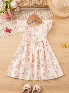 Girls' Casual Floral Printed Dress Summer New Small Sleeve Print with 2 Bowknots Knee-Length, Suitable for Girls 3-8 Years, Holiday Party Vacation Gift
