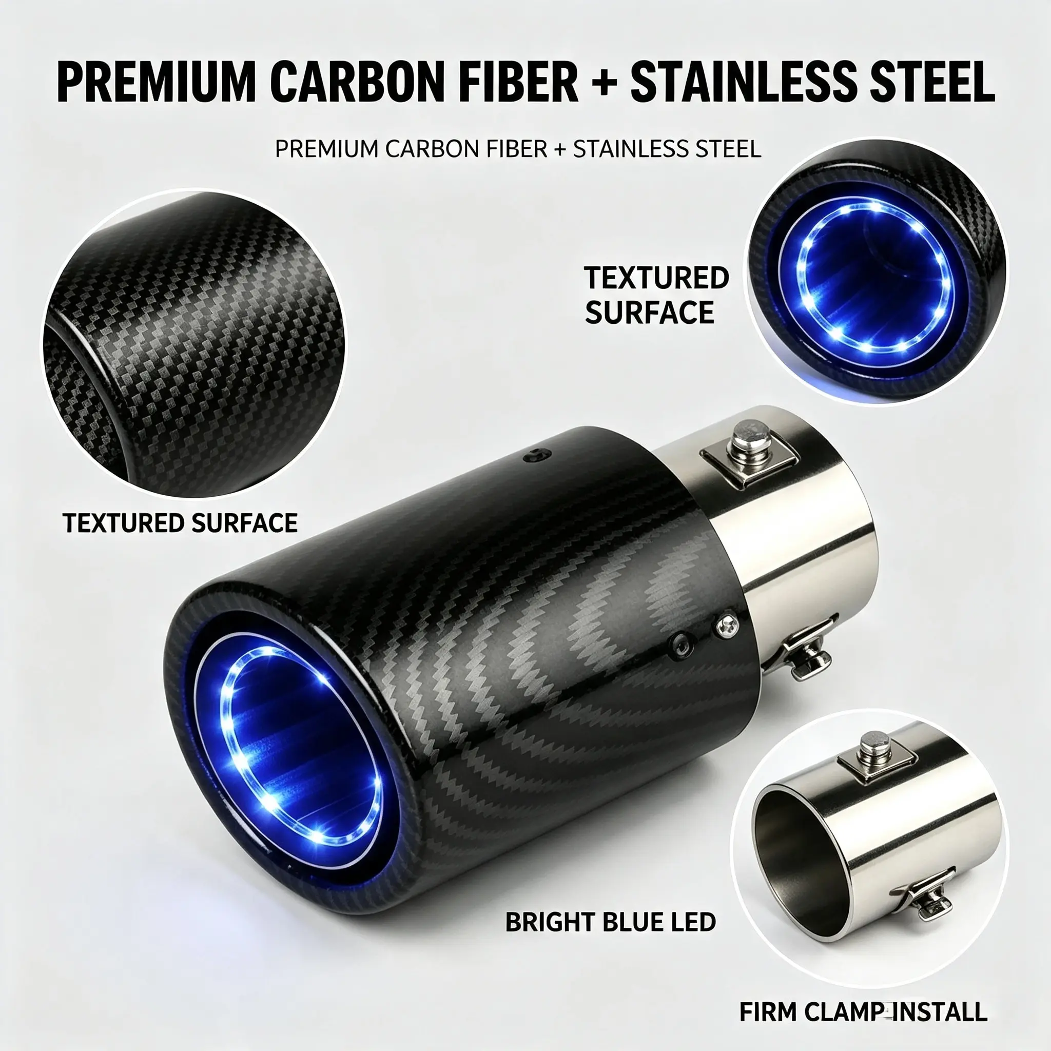 Premium Carbon Fiber-Stainless Steel Exhaust Tip, Bright Blue LED Lighting, Textured Surface, Firm Clamp Installation Automotive Exhaust Tool