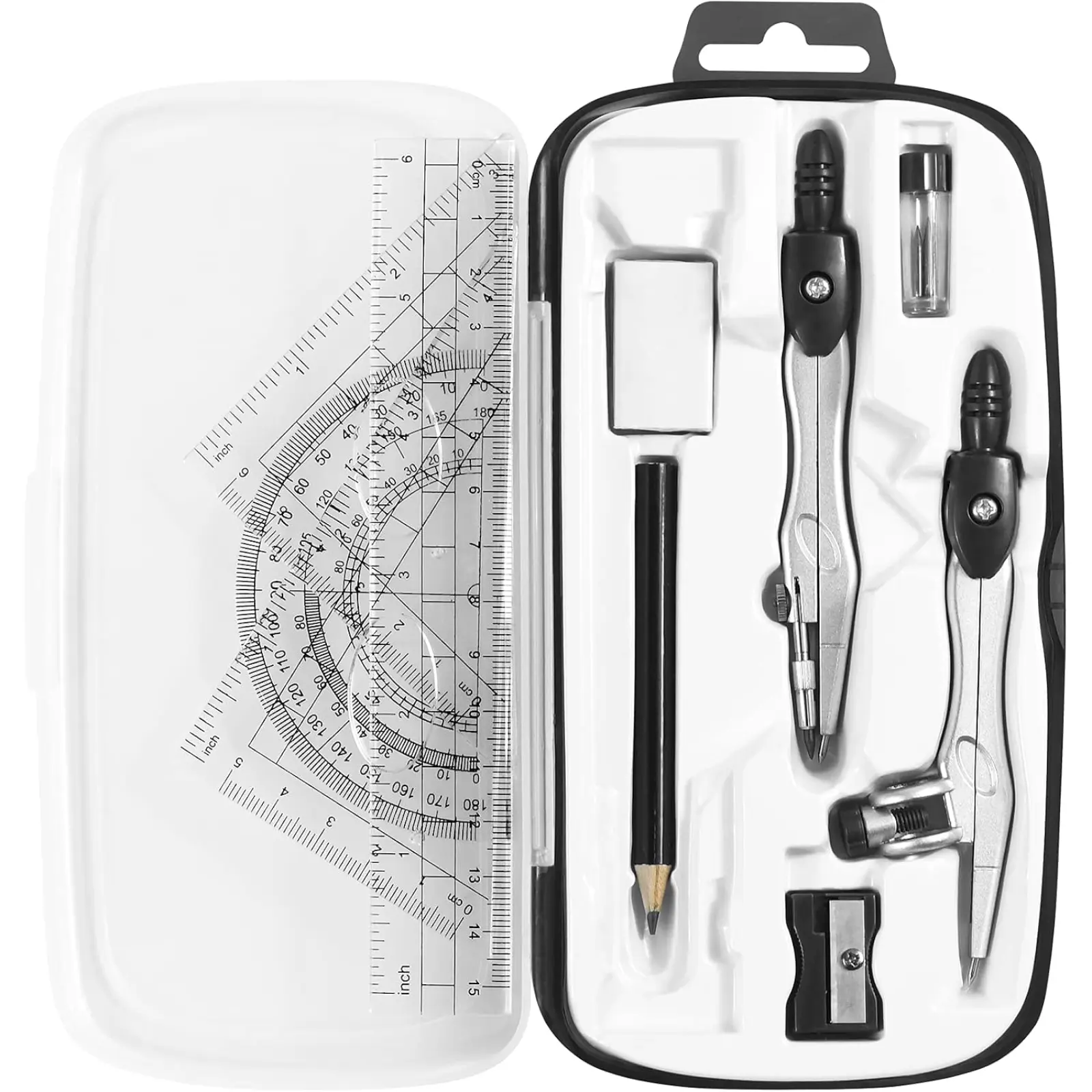 10-Piece Math Geometry Kit for Students - Office Stationery School Educational Supplies with Compass, Ruler, Protractor, Eraser, Lead Refills, Storage Box sohochic