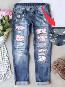 Women's Distressed Boyfriend Jeans Patch Ripped Unique Print Denim Vintage Wash Casual Loose Fitted Mid-Waist Comfy for All Seasons