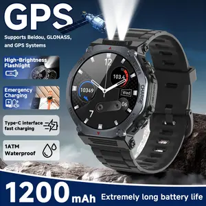 GPS smartwatch with 1200mAh large battery, 1.39-inch round 1ATM waterproof touchscreen, wireless calling, heart rate monitoring, 100+ sports modes, reverse charging, flashlight, weather forecast, alarm clock, pedometer, compatible with Android/iOS