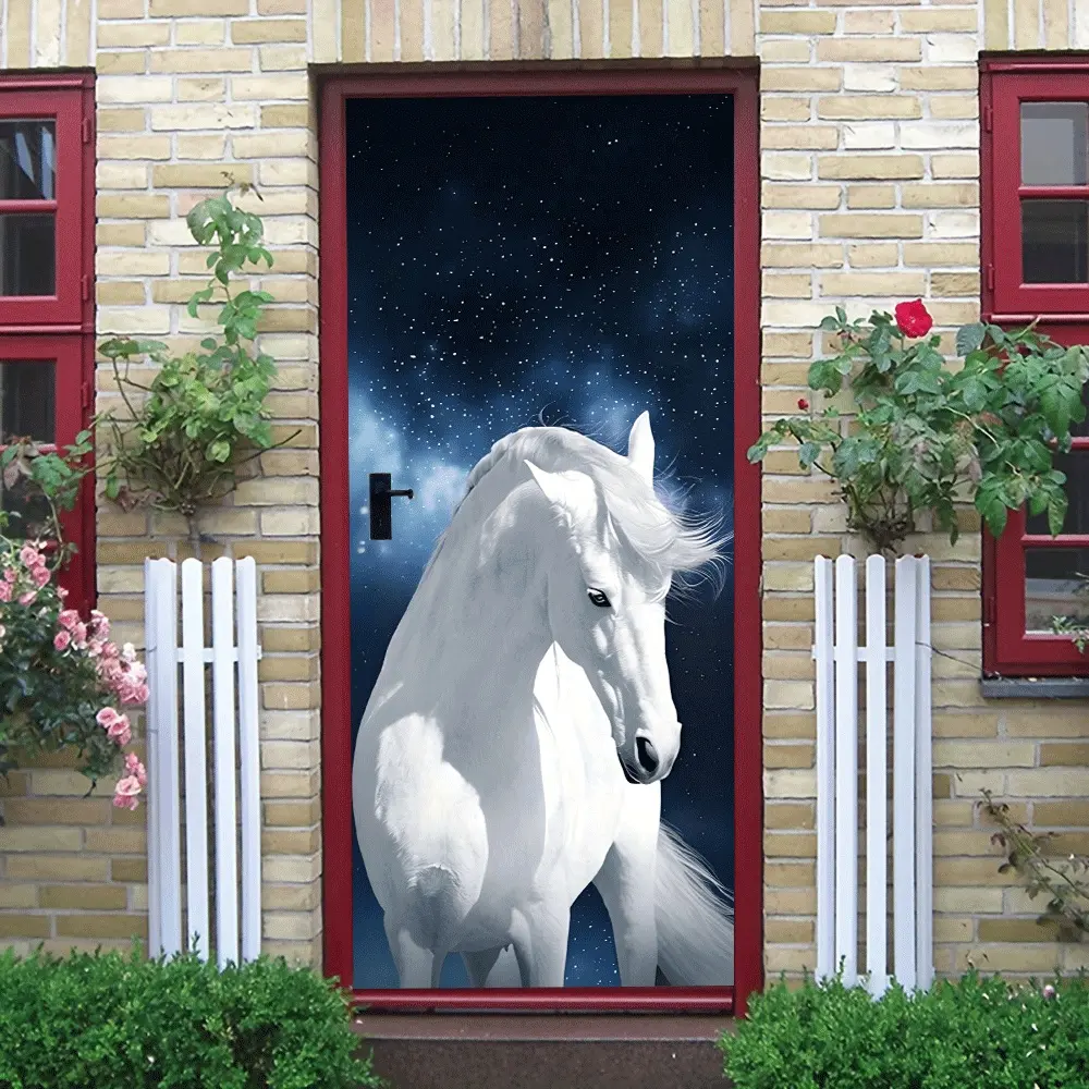 2pcs Elegant White Horse Wall Sticker Under Starry Sky Living Room Bedroom Decorative Decal Self Adhesive Removable Waterproof Home Wall Art Decoration Stickers Collage Self-Adhesive Door Sticker