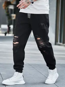 Men's Solid Color Four-Season Fashionable Casual Jeans – Loose Ripped Straight Leg Denim Pants with Comfortable Fit, Drawstring Waist & Slanted Pockets, Suitable for Daily Wear