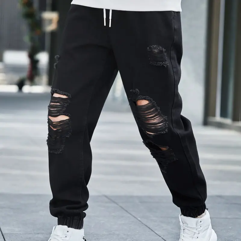 Men's Solid Color Four-Season Fashionable Casual Jeans – Loose Ripped Straight Leg Denim Pants with Comfortable Fit, Drawstring Waist & Slanted Pockets, Suitable for Daily Wear