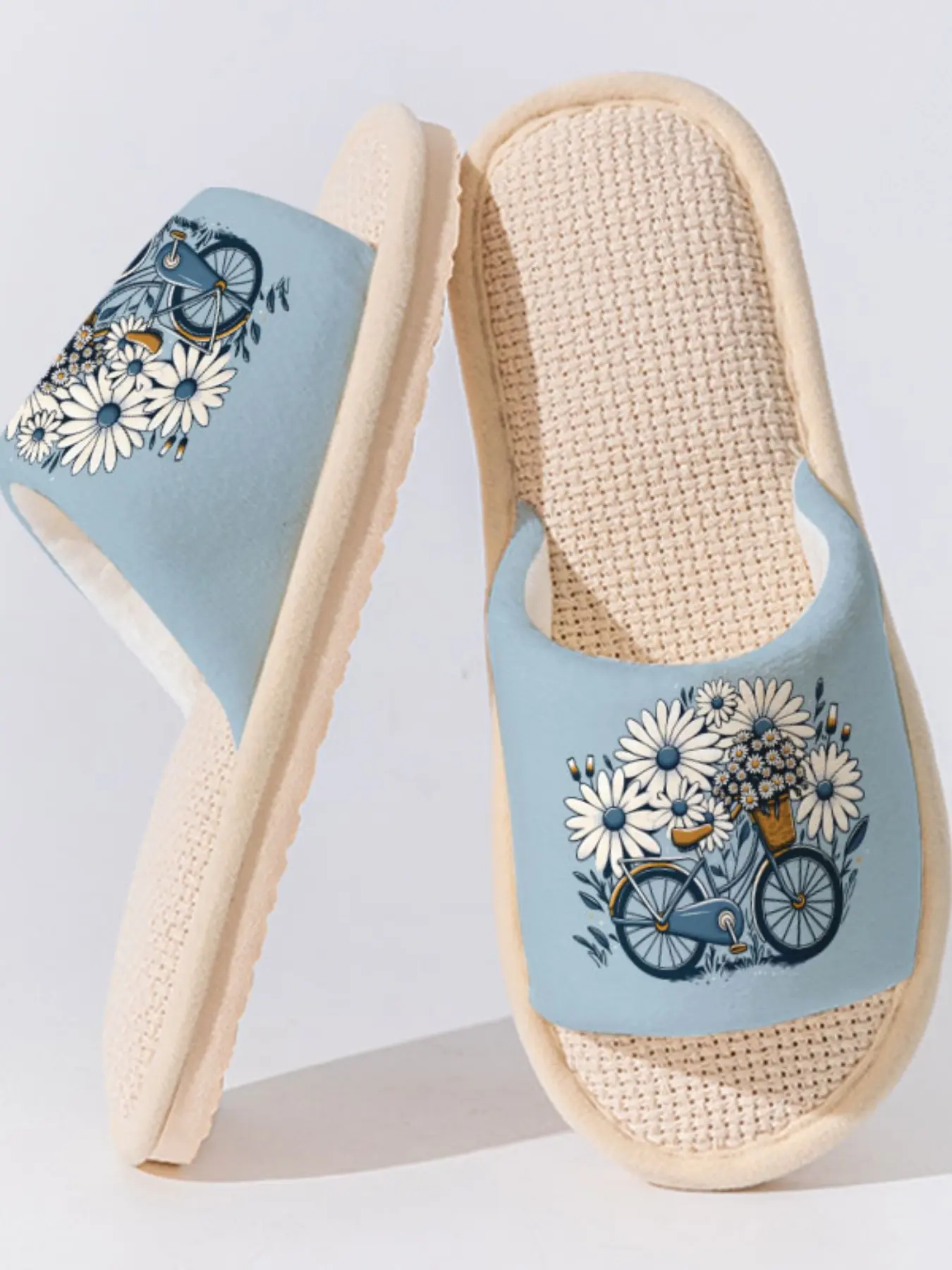 Daisy Bicycle Floral Vintage Linen Slippers, Non-slip Breathable Lightweight All Season House Shoes for Women Men Family Guest Daily Home Wear