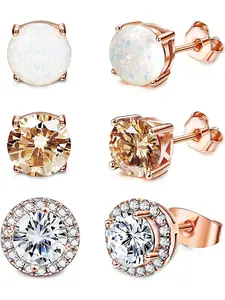 3 Pairs Soft Rose Golden Copper Stud Earrings for Women Men Skin-friendly Raw Materials Soothing Daily Wear Experience Milky Opal Luminous Crystal Details Small Ornament Gentle Shimmer Soft Visual Texture Exquisite Compact Outline