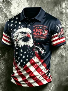 Patriotic American flag men's polo shirt with bald eagle print, commemorating the 250th anniversary of the American Revolution (1776). A polo shirt gift for July 4th, 2026.