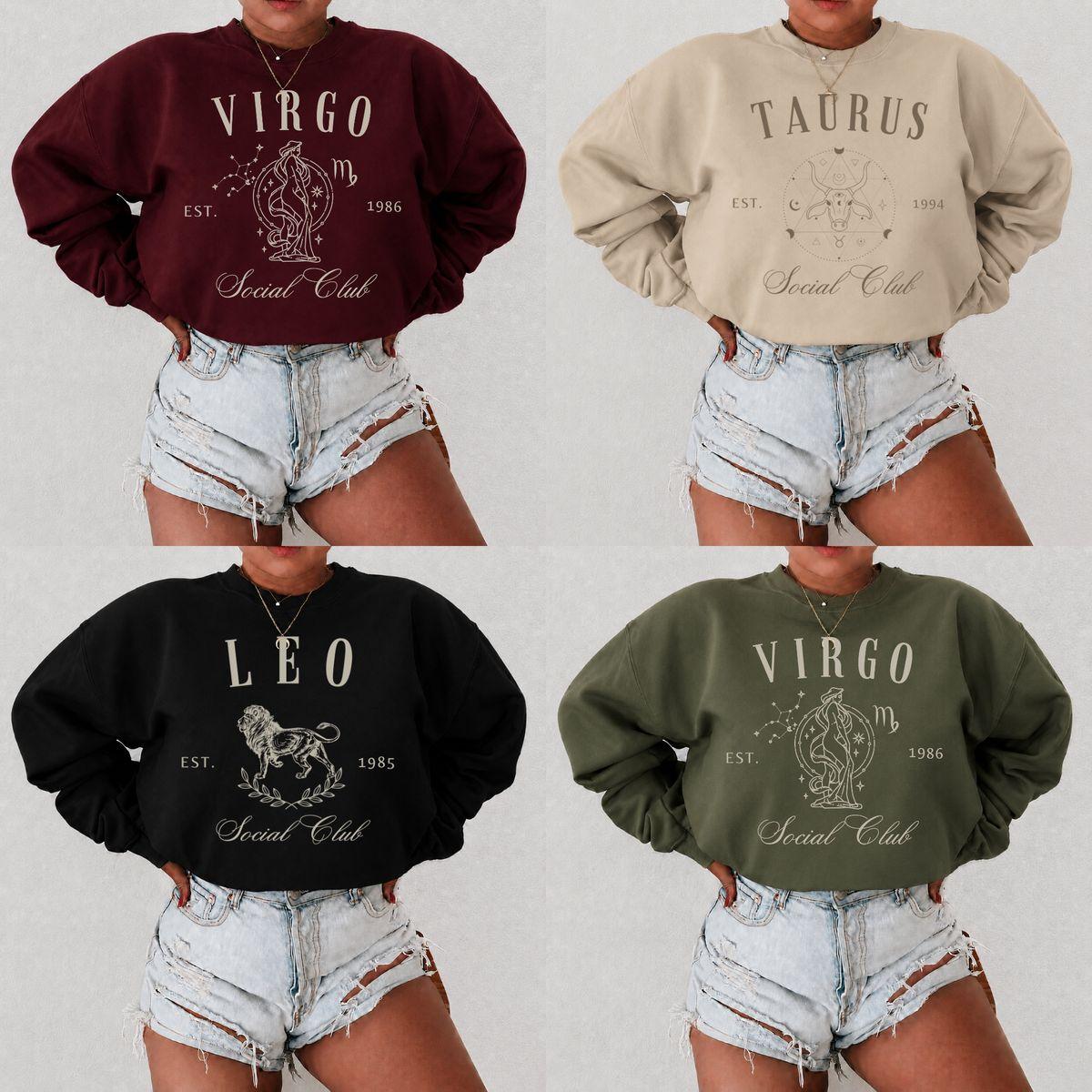 [Leave Note Est Year] 12 Zodiac Social Club Sweatshirt, Zodiac Crewneck, Taurus Astrology Sweatshirt, Celestial Bull Graphic Pullover, Horoscope Gift For Women