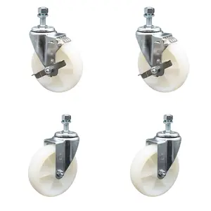 212 MAIN Lockable Nylon Swivel Threaded Stem Caster, SCC-TS20S514-NYS-121315-2-TLB-2 Model, 5x1.25 in. White Wheels, 0.5 in. Stems - Set of 4, Lockable Wheels