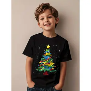 Kids' Christmas Tree Building Blocks Graphic T-Shirt - Soft Knit Fabric, Machine Washable, Regular Fit Round Neck Casual Playtime Shirt with Colorful Building Blocks, Perfect For Birthday & Holiday Parties, Kids Christmas Shirts, Party Attire