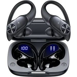 Bluetooth Headphones Wireless Earbuds 80hrs Playtime Wireless Charging Case Digital Display Sports Ear buds with Earhook Premium Deep Bass IPX7 Waterproof Over-Ear Earphones for TV Phone Laptop Black