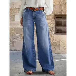 Vintage High-Waist Wide-Leg Blue Jeans -Casual Washed Denim, Rayon/Polyester Blend, Machine Washable, Women's Straight Cut Pocket Bottom Long Sleeve