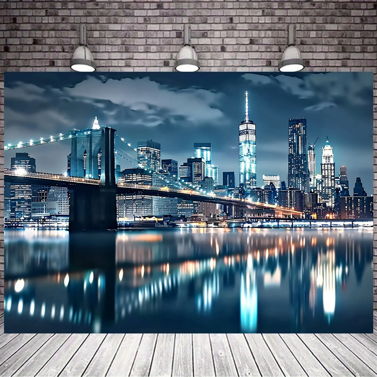 1pc New York City Night Skyline Durable Decorative Tapestry - Polyester Wall Hanging with Brooklyn Bridge & Skyscrapers, Vibrant Night Scene Wall Decor for Living Room, Bedroom, Party Backdrop (No Electricity Needed), Urban New York Decor