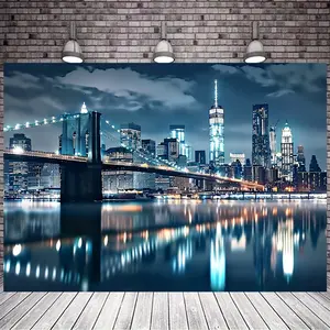1pc New York City Night Skyline Tapestry - Brooklyn Bridge & Skyscrapers Polyester Wall Hanging, Vibrant Night Scene Home Decor for Living Room, Bedroom, Party Backdrop, Photo Booth, Events (No Electricity Needed), New York Decor, Event Decoration, Urban
