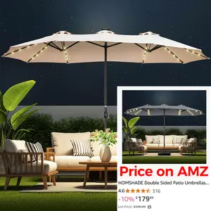 【Oversized】13FT/15FT Large Patio Umbrellas with Base Included, Outdoor Double-Sided Rectangle Market Umbrella with Crank Handle, Oversized Umbrella for Deck, Pool, Backyard Beige