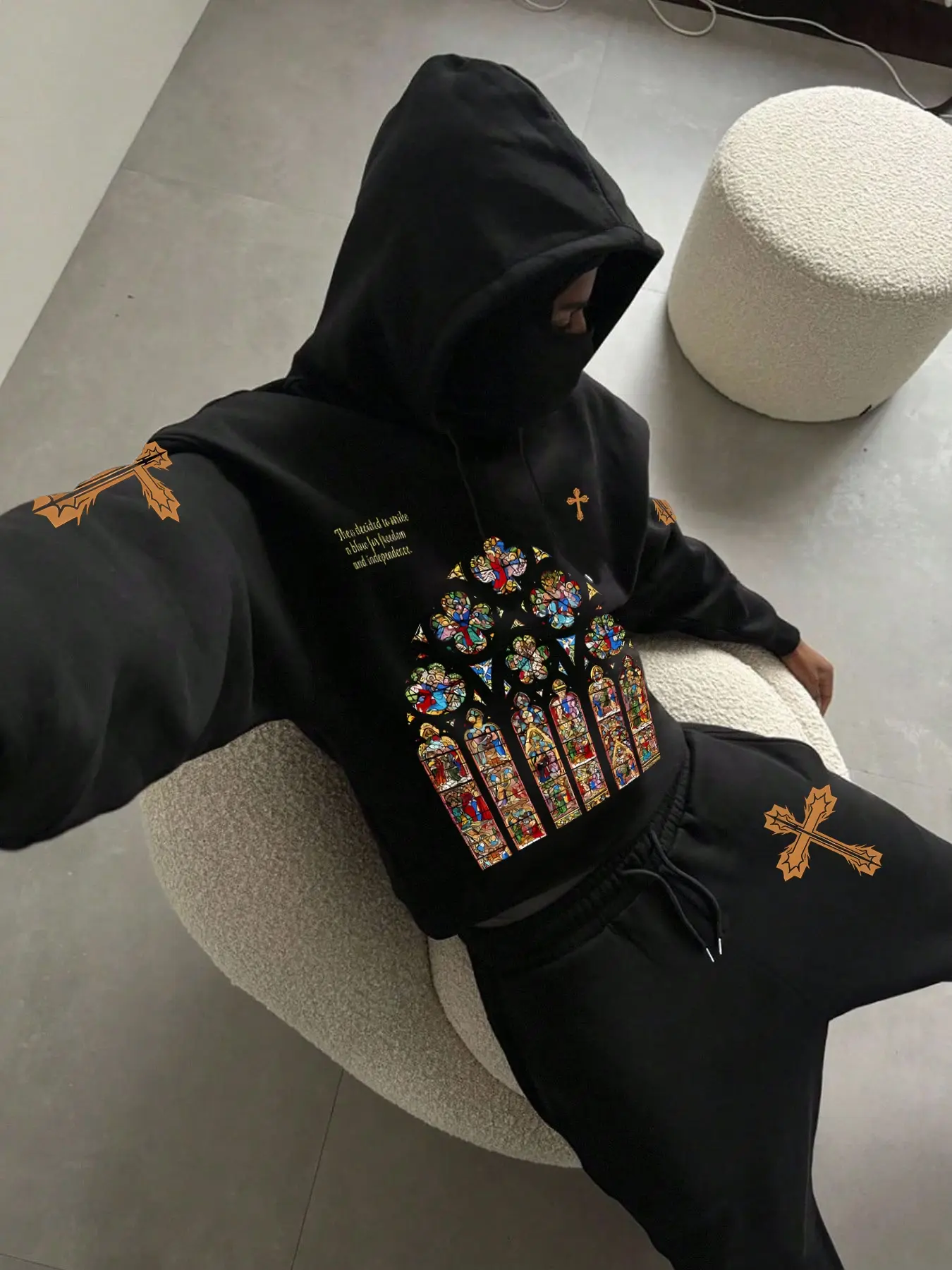 Men's Fashion Hoodie & Sweatpants Set, Church Cross Graphic Print, Knit, Comfortable Drawstring Waist, Casual Spring & Fall Wear