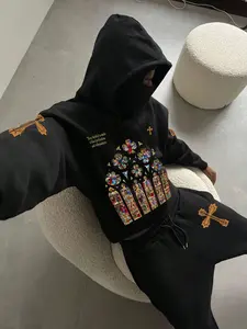 Men's Fashion Hoodie & Sweatpants Set, Church Cross Print, Knit, Comfortable Drawstring Waist, Casual Spring & Fall Wear