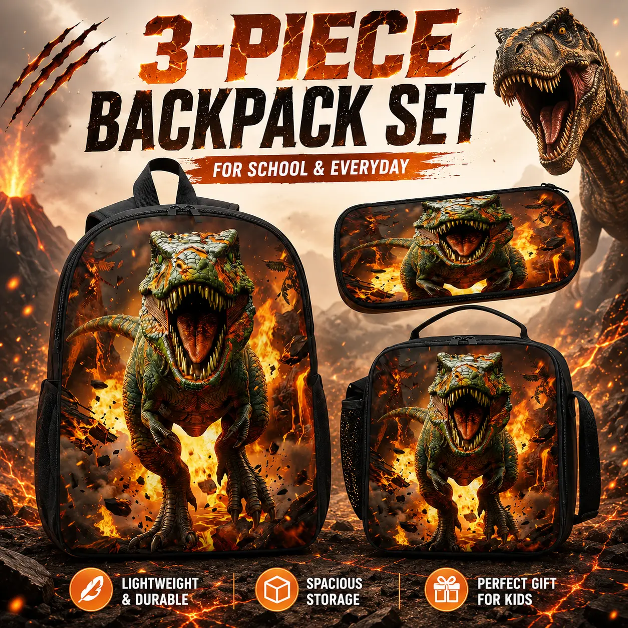 Boys' Preppy 3PCS Dinosaur T-Rex Backpack Set - Prop 65 Safe Jurassic 3D Print School Bag with Cool Volcano Lava Graphic Lunch Box & Pencil Case, Kids' Daypack Gift, Polyester, Kids Backpack, Student Bag, Jurassic Print, School/Outdoor