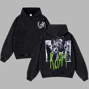 [Moshroom] Korn 2Sided Oversize Lightweight Acid Washed Tee Hoodie Rock Music Metal Gothic Punk Emo Grunge Post-hardcore Graphic Design Top Cotton Streetwear Game T-Shirt Crewneck Clothes Menswear Womenswear