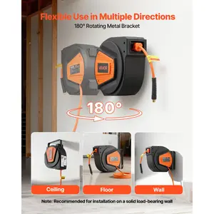 VEVOR Retractable Air Hose Reel, 1/4 Inch x 50 FT Hybrid Air Hose Max 300PSI, Enclosed Air-Compressor Hoses Reel Auto Rewind with 6.6 ft Lead in & Blow Gun, 180° Swivel Ceiling/Wall Mount