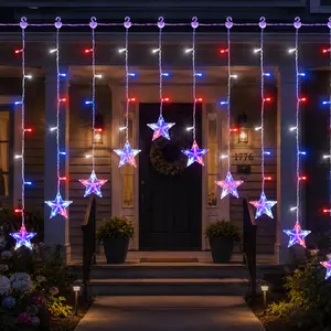 9.8ft 118 LEDs Patriotic Star Icicle Lights | Red White & Blue Curtain String, Battery Operated Batteries Not Included, Waterproof 8 Modes with Timer for Independence Day Decor