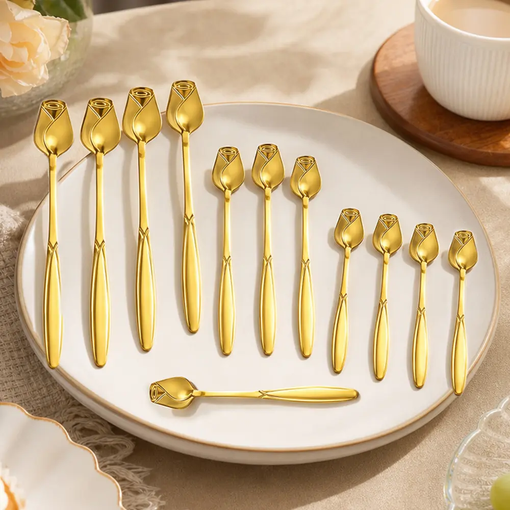 12PCS Coffee Spoons with Rose Flower Shapes, Multi-size Stainless Steel Tea Spoons for Stirring, Golden Teaspoon Set for Party and Afternoon Tea
