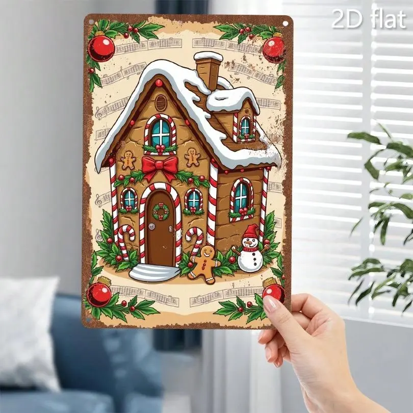 2D Flat, 1pc Holiday Gingerbread House 2D Wall Art Plaque – Festive Tin Metal Sign with Snowman, Candy Canes & Holly Decor for Indoor/Outdoor Christmas Decoration (8x12 Inch), Gingerbread Christmas Decorations