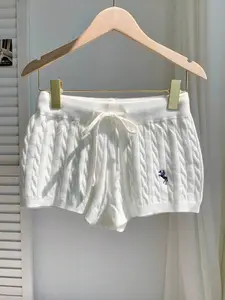 Women's Casual Basic Comfortable Soft Embroidered Drawstring Knit Fabric Shorts, Daily Home Wear, All Seasons, Tight-Fitting Design