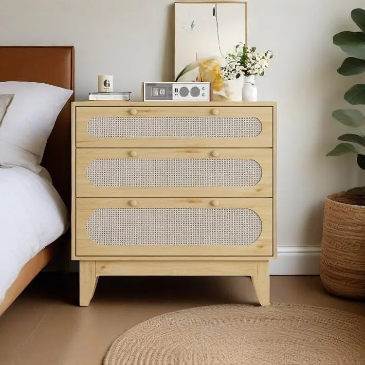 Rattan 3 Drawer Dresser, Modern Farmhouse Wooden Chest with 3 Drawers, Rattan Wooden Narrow Bedside Nightstand, Accent Side Table for Bedroom, Living Room