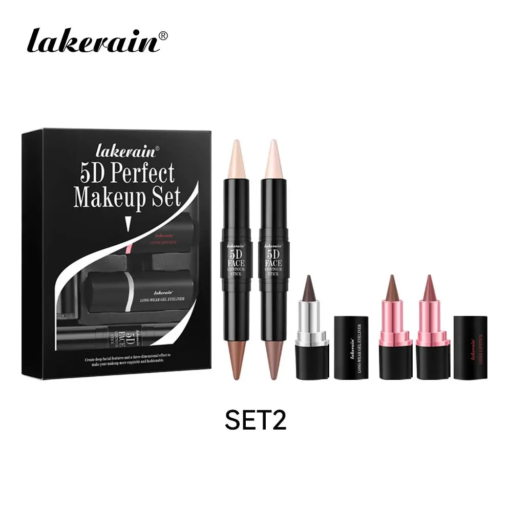 Long Lasting Makeup Set, 5 Counts/set Eyeliner & Highlighter & Lip Liner & Lipstick, Professional Makeup Set for Women & Girls, Cosmetic