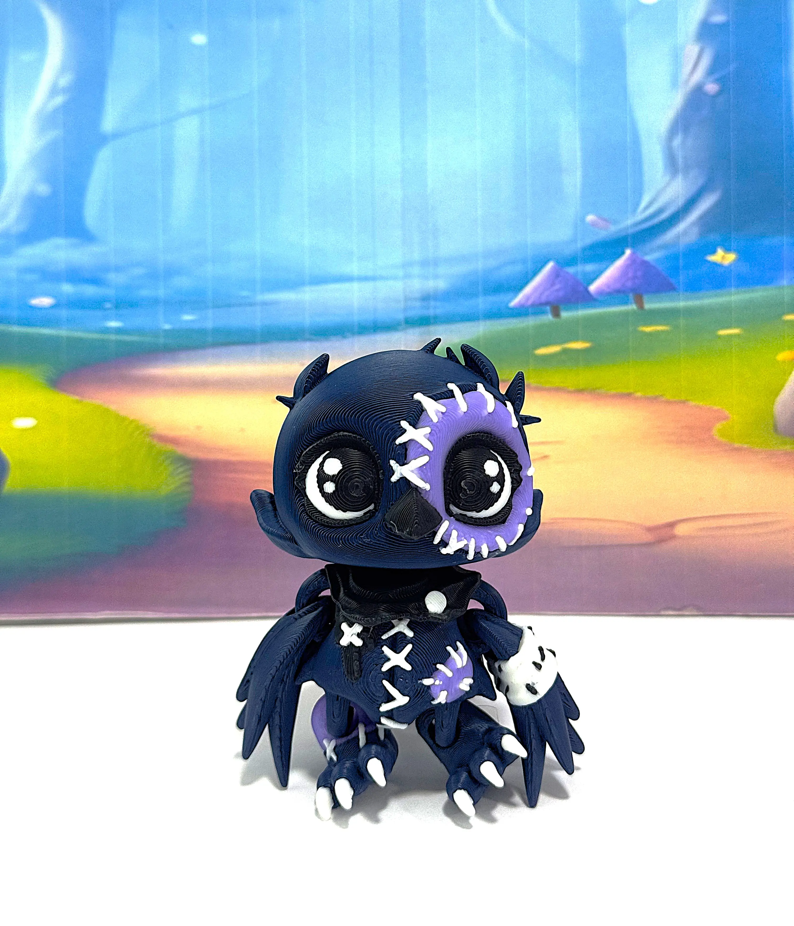 Lil Crowly the Patchwork Crow Figurine | 3D Printed Gothic Bird Toy, 2.5" Poseable Spooky Desk Companion, Cute Halloween Collectible Gift