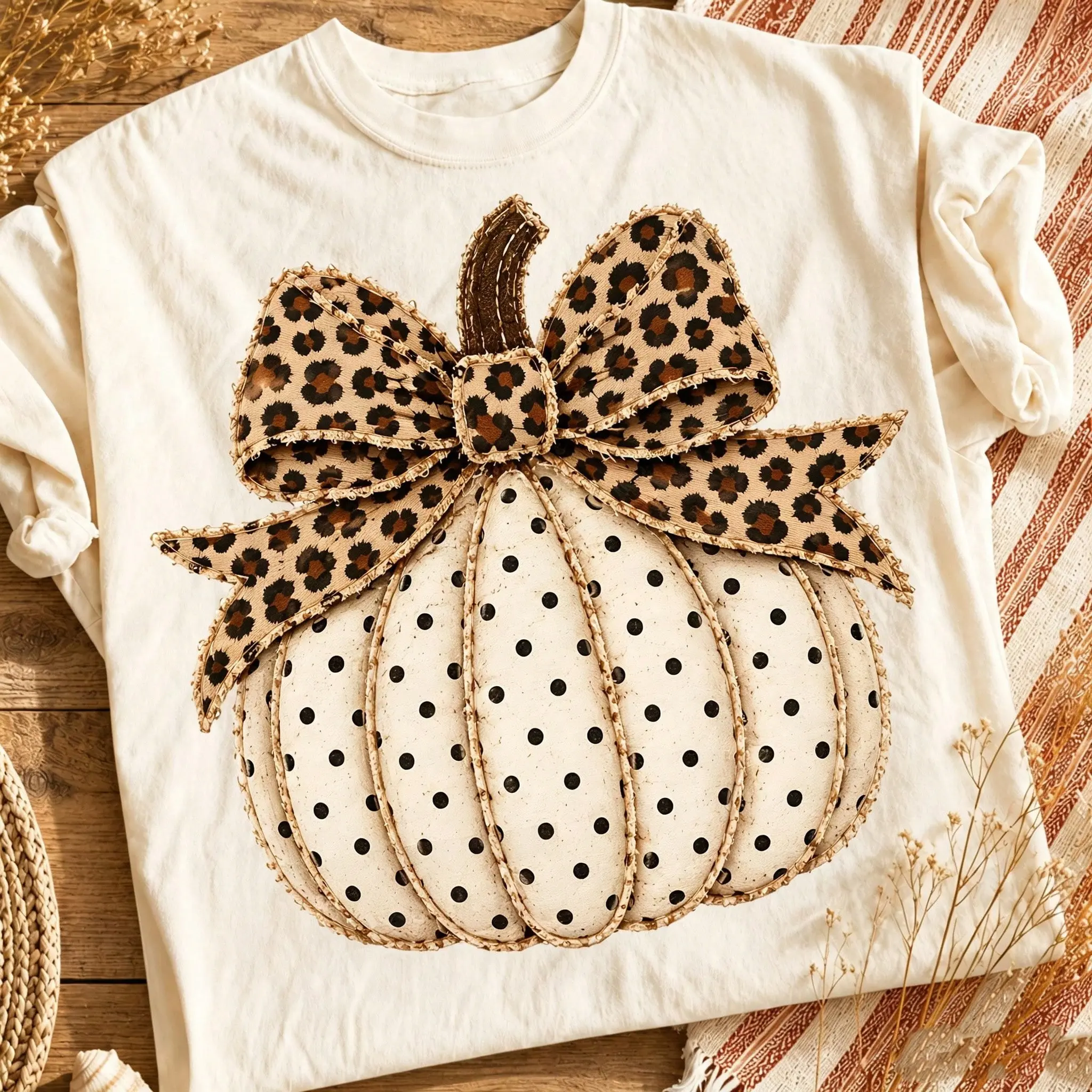 Autumn Polka Dot Pumpkin Print Women's Crew Neck T-Shirt - Halloween Costume, Autumn Women's Clothing