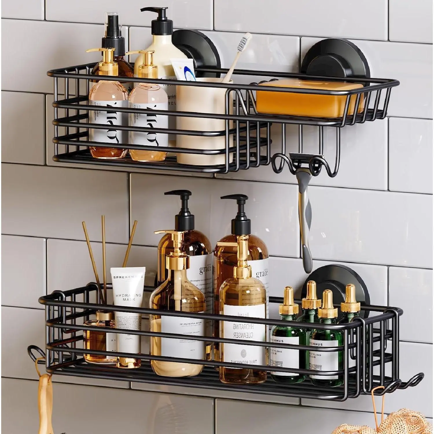 Shower Caddy Suction Cup 2 Pack with Hooks & Soap holder, Heavy Duty Shower Organizer for Bathroom, No Drilling Bathroom Organizer with Large Capacity, Bla 2026 new