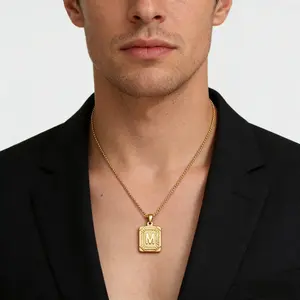 Gold square double-sided 26 English letters titanium steel necklace, versatile and high-end, men's non-fading, women's stainless steel jewelry accessories