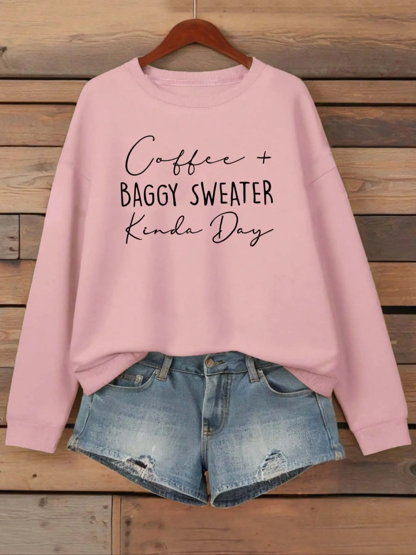 Women's Casual Loose-Fit Coffee Color Sweater, Kinda Day Letter Print Fleece Pullover Sweatshirt, Fall & Winter Thick Knit Jumper