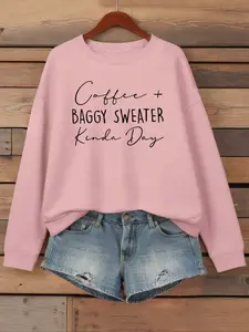 Women's Casual Loose-Fit Coffee Color Sweater, Kinda Day Letter Print Fleece Pullover, Fall & Winter Thick Knit Jumper