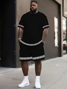 Men's Ethnic Print Plus Size Set, Summer Fashion Oversized T-Shirt + Shorts Two-Piece, Casual Sportswear, Loose-Fitting Short Sleeve