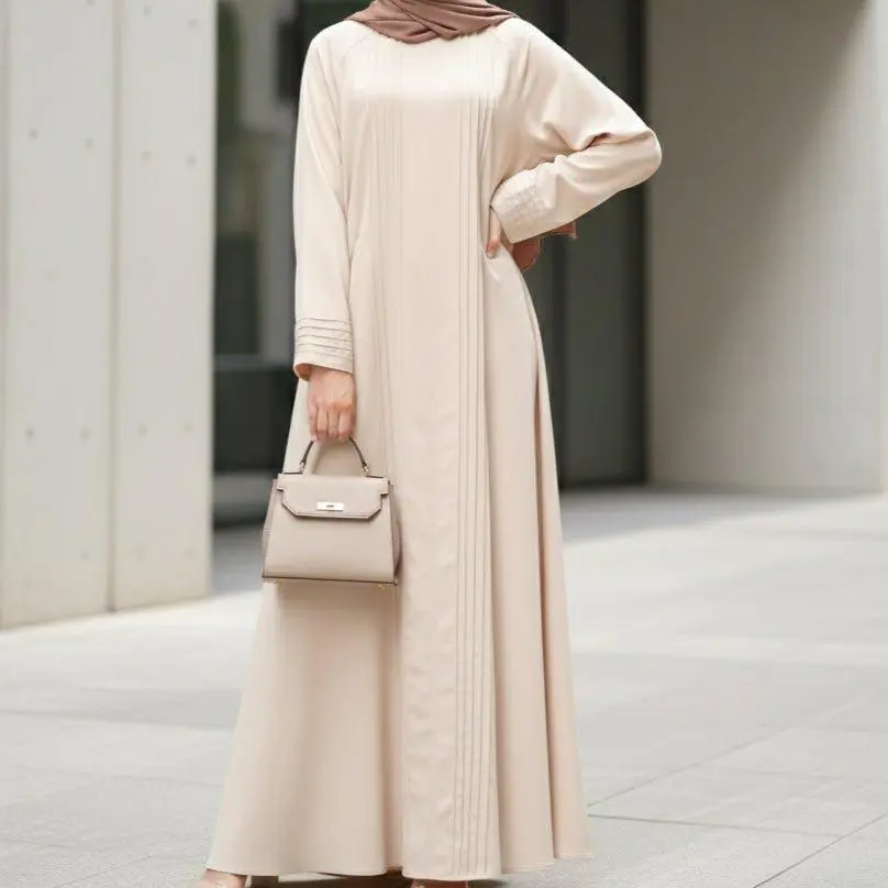 Women's Pleated Georgette Abaya - Minimalist Long Sleeve Maxi Dress, Islamic Modesty Clothes with Pockets & Adjustable Belt, Elegant Islamic Clothing, Modest Fashion, Belted Waist Fit, Loose, 3D Pleat Lines, Belt Cinch