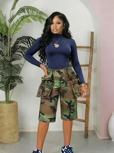 Women's Camo Work Pants S391454, Street Style Multi-Pocket Cargo Shorts, Camouflage, Casual Loose Fit Design, Natural Waist Elastic Comfortable