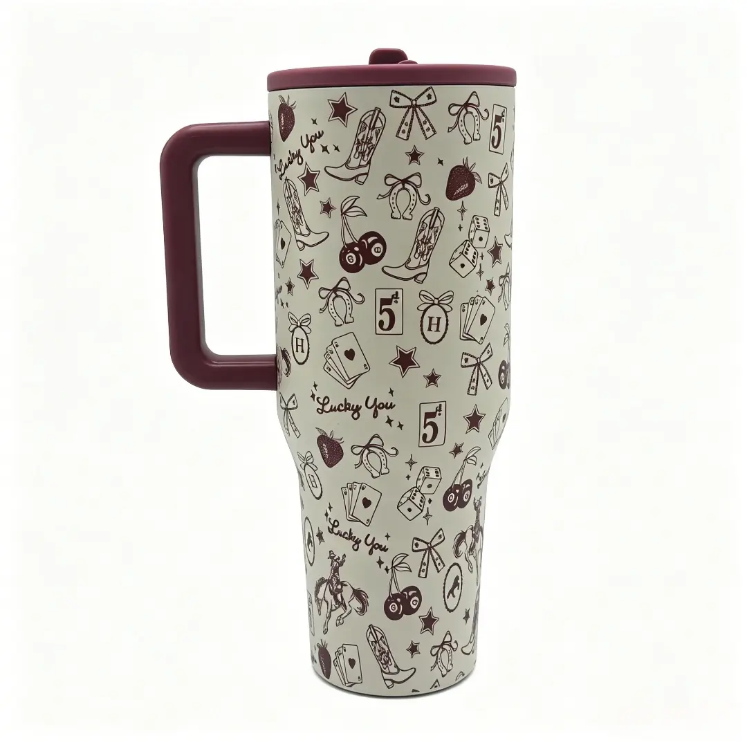 HydroJug 40oz Insulated Stainless Steel Thermo Tumbler Mug, 1000-2000 ml Sturdy Leak-Proof Portable Travel Flask with Handle Straw Cap Print, Cup Holder Friendly, Temp-Retaining Red Western Cowboy Series Tumbler Mug Vacuum Flasks