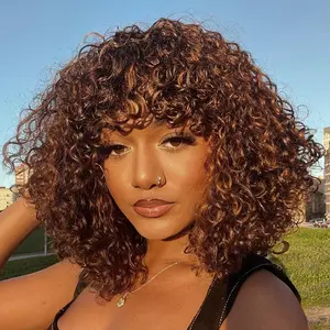 ShowRealHair Short Curly Bob Wigs Water Wave Human Hair Wig with Bangs for Women 12 Inch Wear and Go None Lace Front Glueless Wigs Kinky Curly Brazilian Virgin Hair Machine Made Wig Natural Black