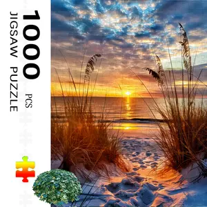 S&H 300/500/1000 Piece Large Beach Sunset Puzzle - Palm trees, sand, ocean, and sunset colors depict a coastal evening scene - A challenging puzzle toy suitable for adults and families.