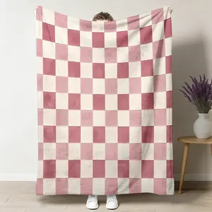 Cozy Pink Plaid Flannel Throw Blanket, Soft Warm Checkered Blanket, Minimalist Statement Piece for Bedroom Sofa Couch, Gift for Her Women, Lightweight Nap Blanket for Office Dorm Travel