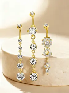 Women's Sexy Elegant Artificial Zircon Flower Pattern Long Belly Ring Set, Sparkling Piercing Navel Jewelry for Party Summer Body Jewelry Body Jewellery